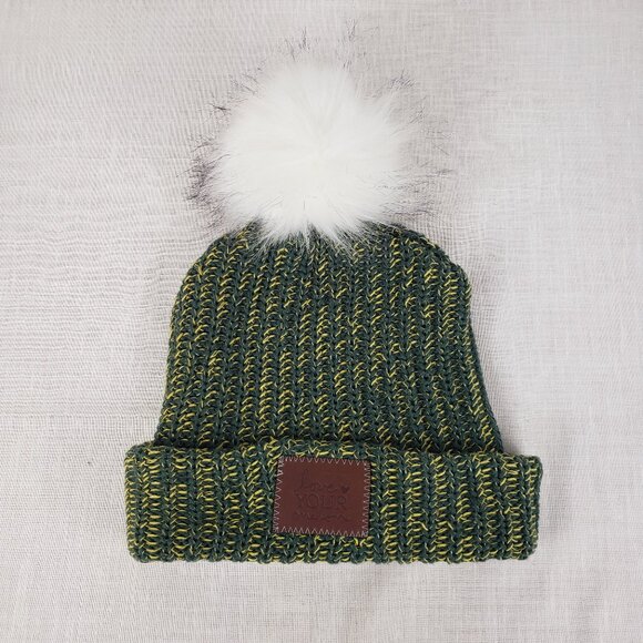 Love Your Melon Pom Beanie Cuffed Green Gold Knit Cotton Winter Warm Hat - Picture 2 of 5